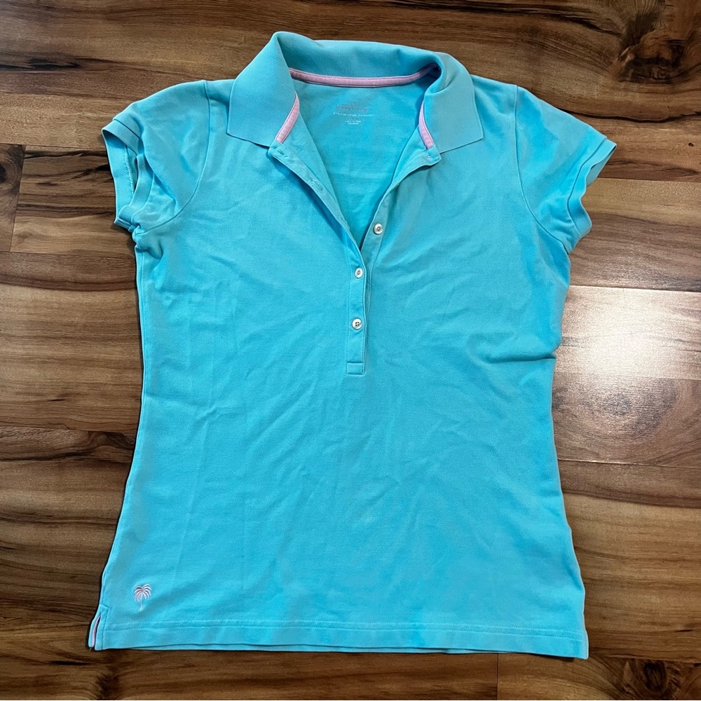 Ladies Aqua Polo Shirt with Pink Trim